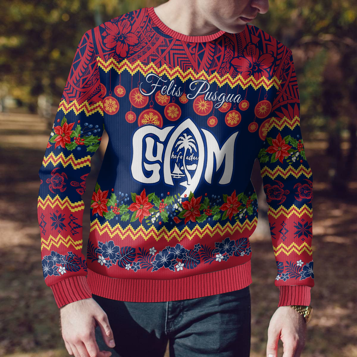 Personalised Guam Christmas Ugly Christmas Sweater Felis Pusgua Santa Beach Polynesian Pattern - Wonder Print Shop