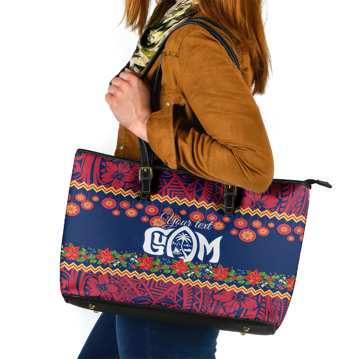 Personalised Guam Christmas Leather Tote Bag Felis Pusgua Santa Beach Polynesian Pattern - Wonder Print Shop
