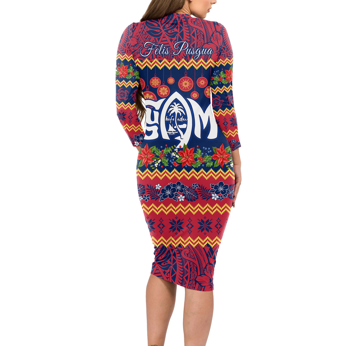 Personalised Guam Christmas Long Sleeve Bodycon Dress Felis Pusgua Santa Beach Polynesian Pattern - Wonder Print Shop