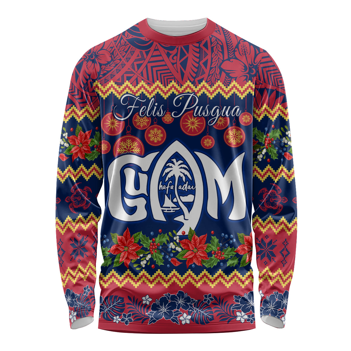 Personalised Guam Christmas Long Sleeve Shirt Felis Pusgua Santa Beach Polynesian Pattern - Wonder Print Shop