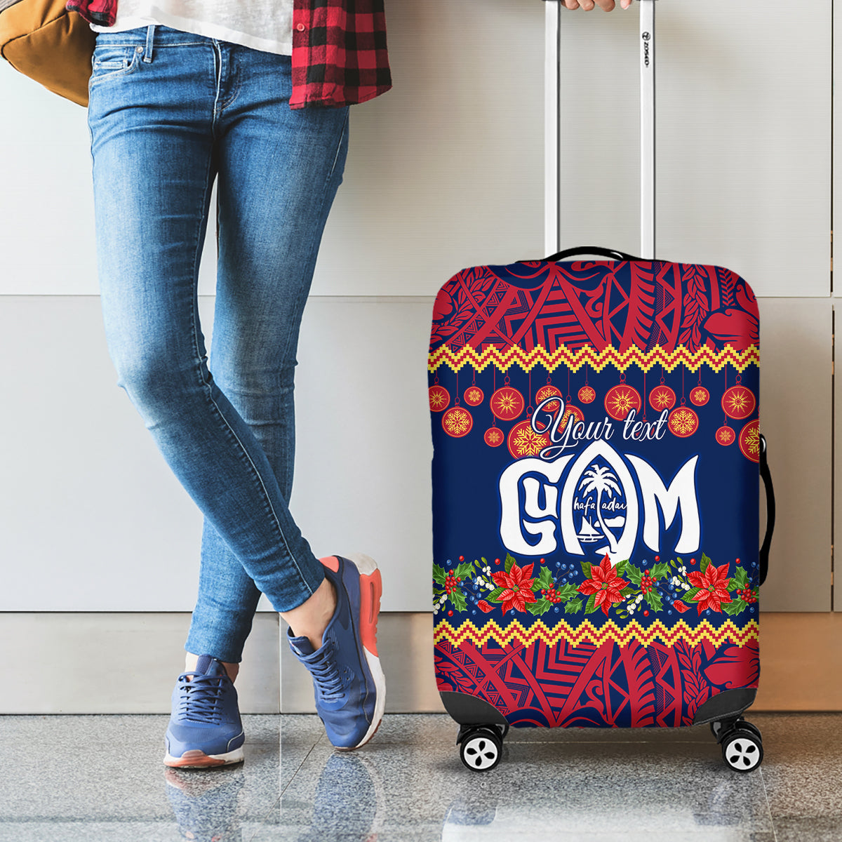 Personalised Guam Christmas Luggage Cover Felis Pusgua Santa Beach Polynesian Pattern - Wonder Print Shop