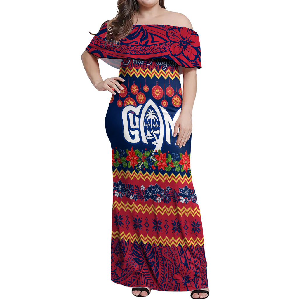 Personalised Guam Christmas Off Shoulder Maxi Dress Felis Pusgua Santa Beach Polynesian Pattern - Wonder Print Shop