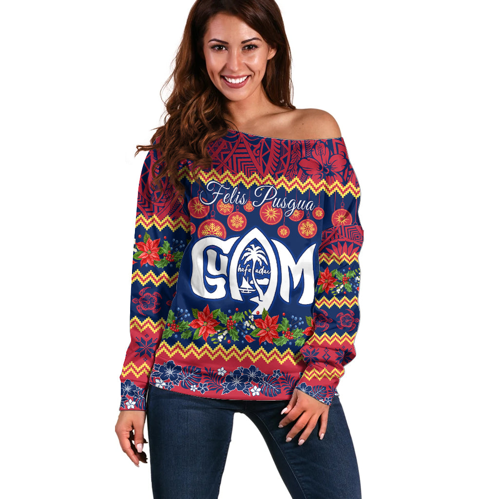Personalised Guam Christmas Off Shoulder Sweater Felis Pusgua Santa Beach Polynesian Pattern - Wonder Print Shop
