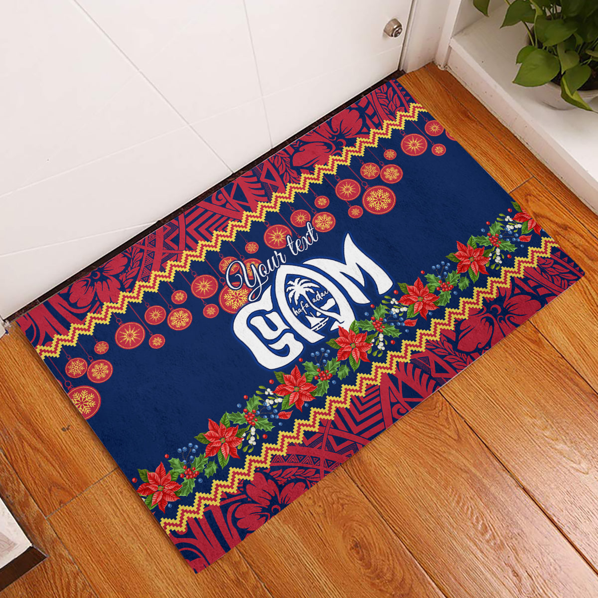 Personalised Guam Christmas Rubber Doormat Felis Pusgua Santa Beach Polynesian Pattern - Wonder Print Shop