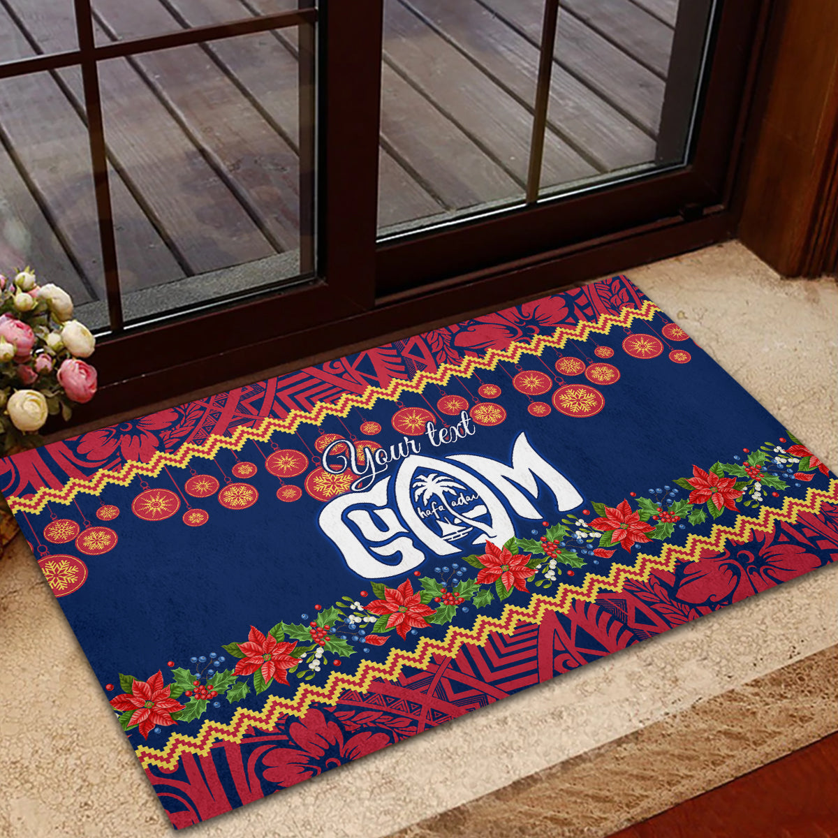 Personalised Guam Christmas Rubber Doormat Felis Pusgua Santa Beach Polynesian Pattern - Wonder Print Shop