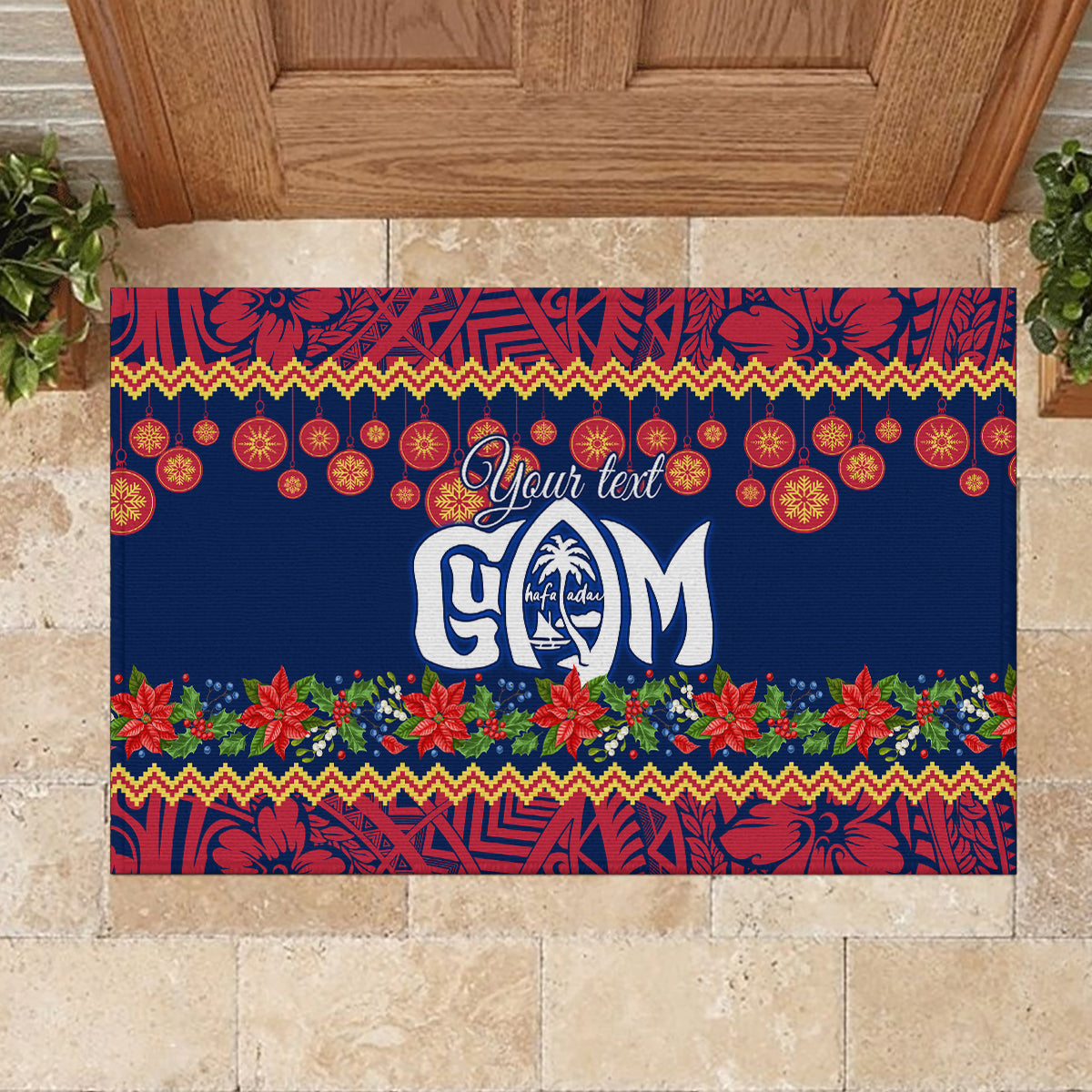 Personalised Guam Christmas Rubber Doormat Felis Pusgua Santa Beach Polynesian Pattern - Wonder Print Shop
