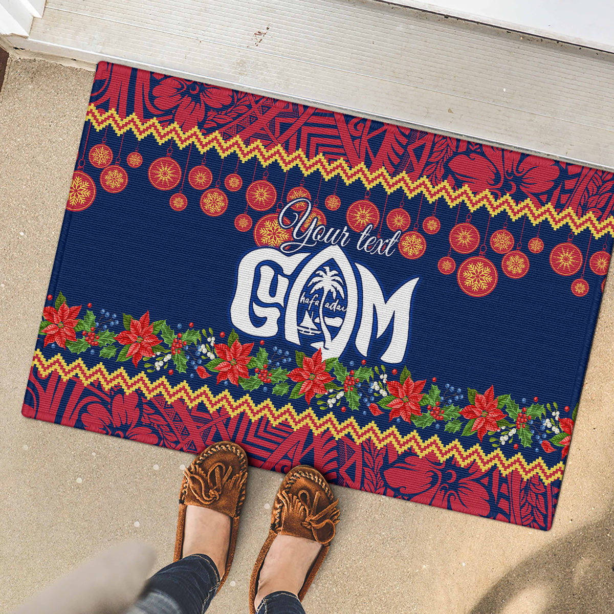 Personalised Guam Christmas Rubber Doormat Felis Pusgua Santa Beach Polynesian Pattern - Wonder Print Shop