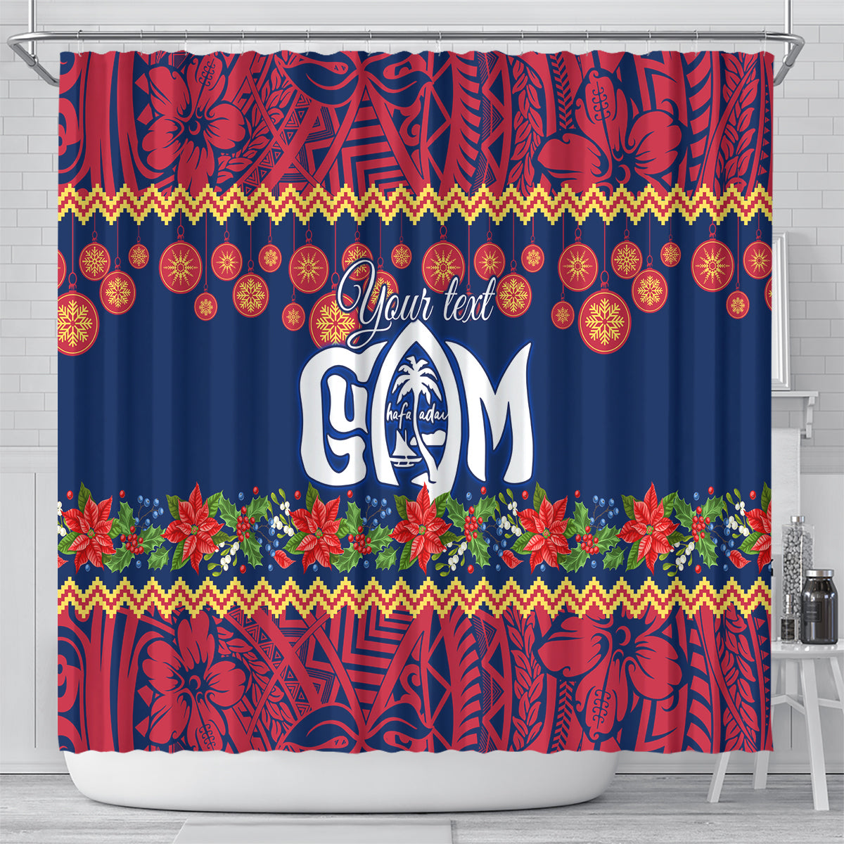 personalised-guam-christmas-shower-curtain-felis-pusgua-santa-beach-polynesian-pattern