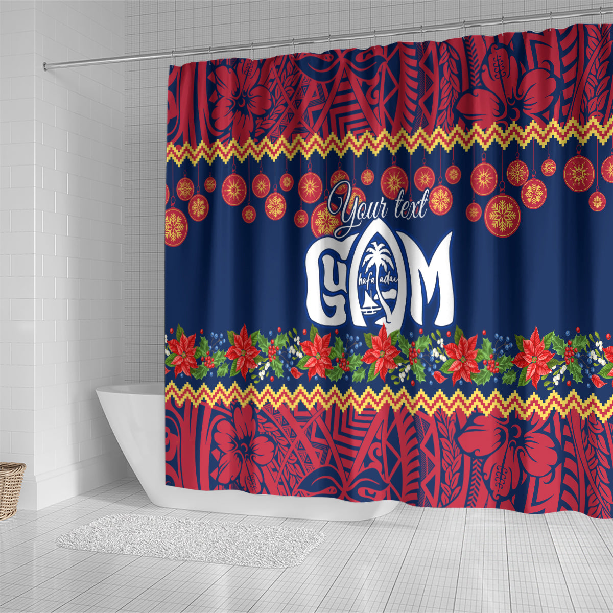 personalised-guam-christmas-shower-curtain-felis-pusgua-santa-beach-polynesian-pattern