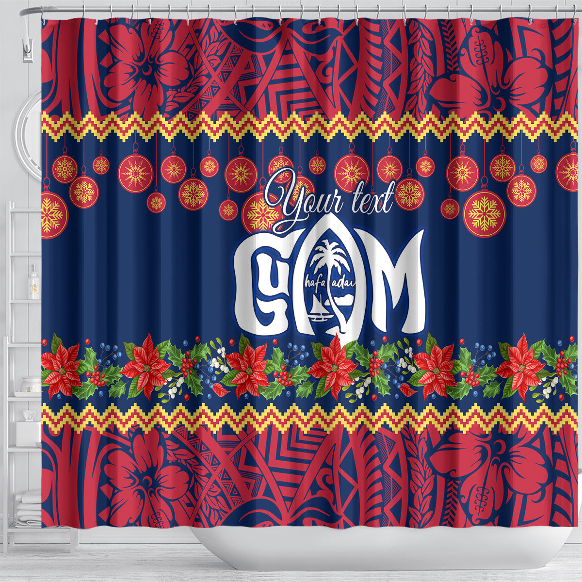 personalised-guam-christmas-shower-curtain-felis-pusgua-santa-beach-polynesian-pattern