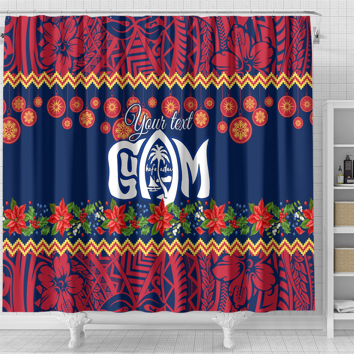 personalised-guam-christmas-shower-curtain-felis-pusgua-santa-beach-polynesian-pattern