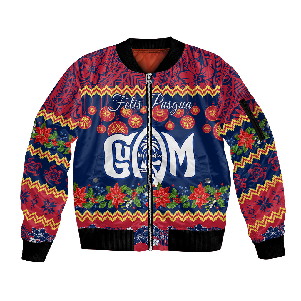 Personalised Guam Christmas Sleeve Zip Bomber Jacket Felis Pusgua Santa Beach Polynesian Pattern - Wonder Print Shop
