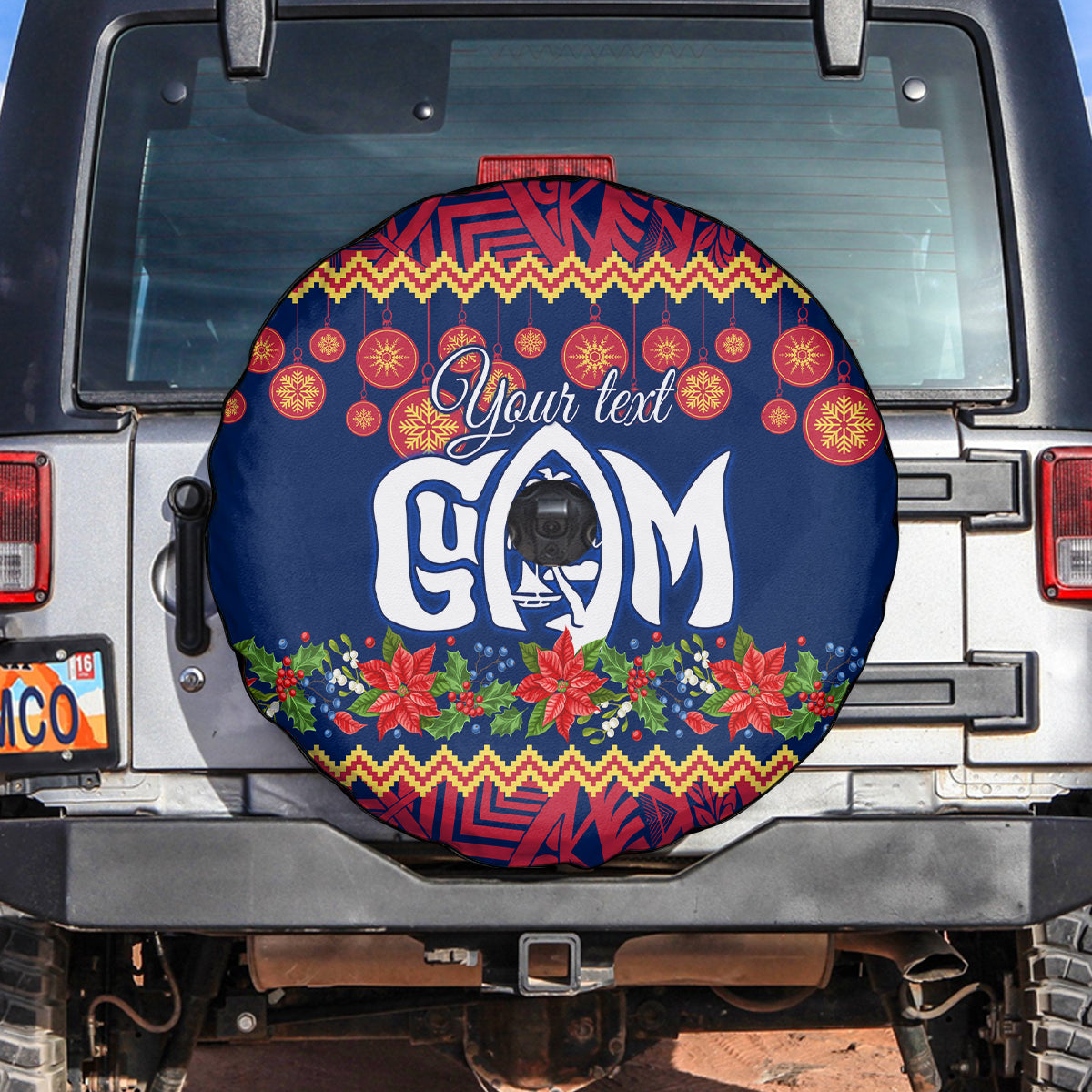 Personalised Guam Christmas Spare Tire Cover Felis Pusgua Santa Beach Polynesian Pattern - Wonder Print Shop