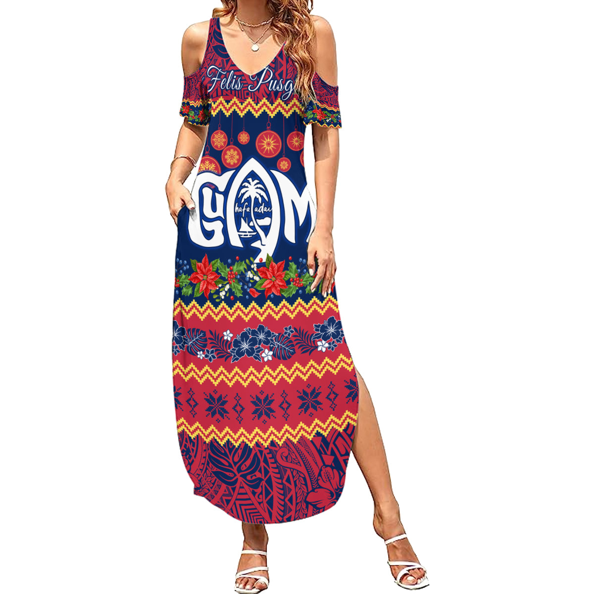 Personalised Guam Christmas Summer Maxi Dress Felis Pusgua Santa Beach Polynesian Pattern - Wonder Print Shop
