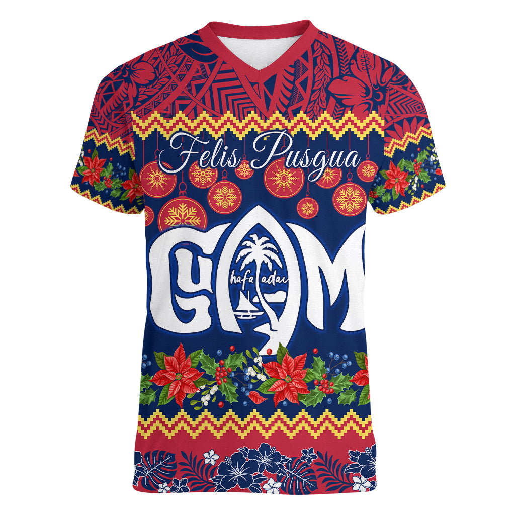 Personalised Guam Christmas Women V Neck T Shirt Felis Pusgua Santa Beach Polynesian Pattern - Wonder Print Shop