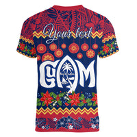 Personalised Guam Christmas Women V Neck T Shirt Felis Pusgua Santa Beach Polynesian Pattern - Wonder Print Shop