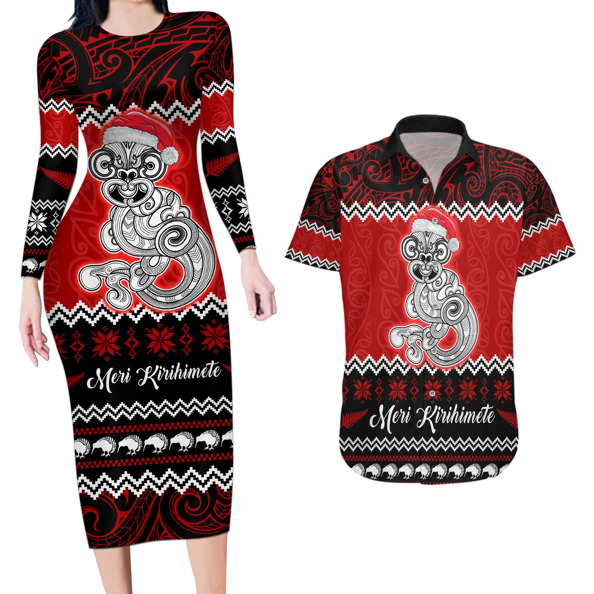 Personalised New Zealand Christmas Couples Matching Long Sleeve Bodycon Dress and Hawaiian Shirt Maori Tiki Meri Kirihimete LT9 - Wonder Print Shop