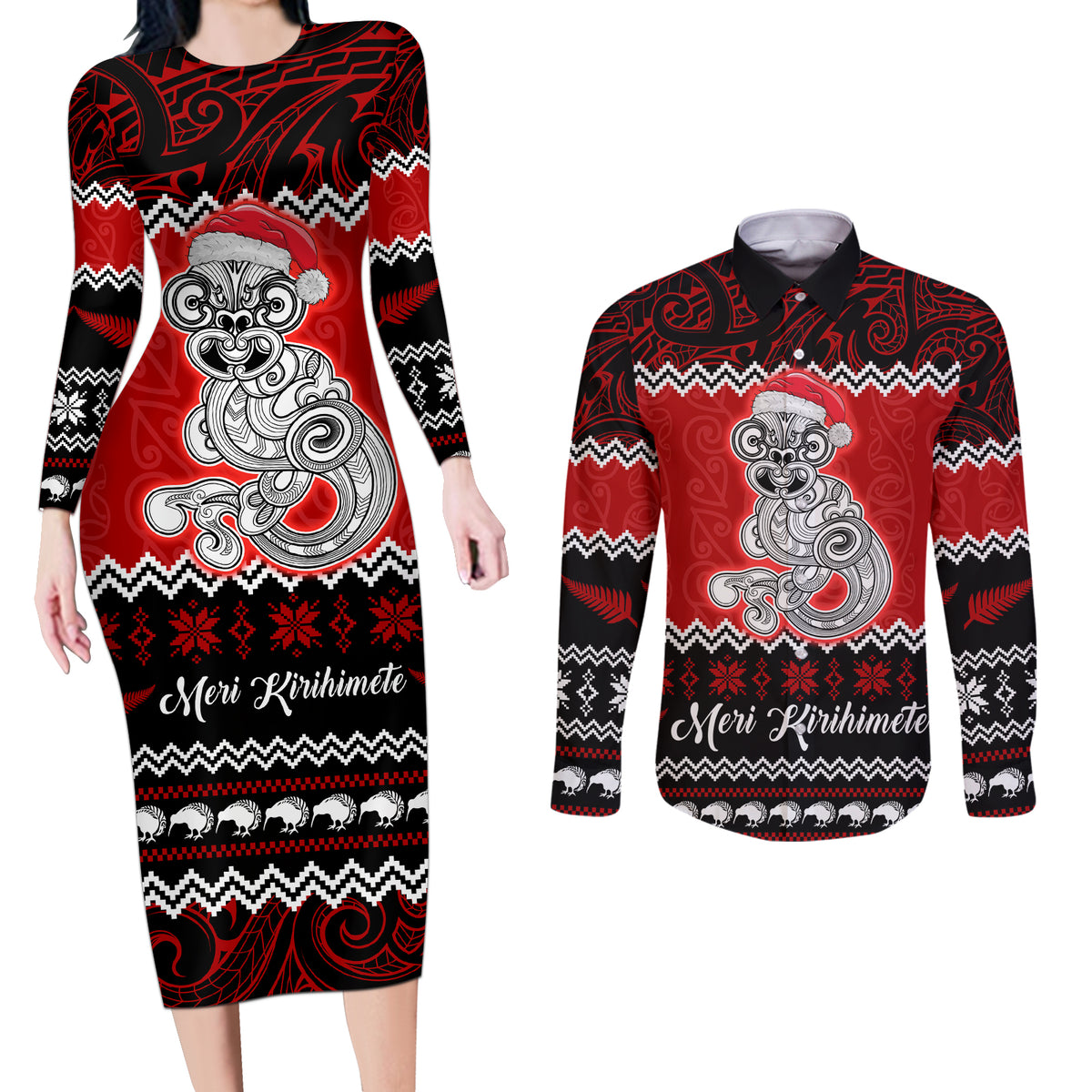 Personalised New Zealand Christmas Couples Matching Long Sleeve Bodycon Dress and Long Sleeve Button Shirt Maori Tiki Meri Kirihimete LT9 - Wonder Print Shop