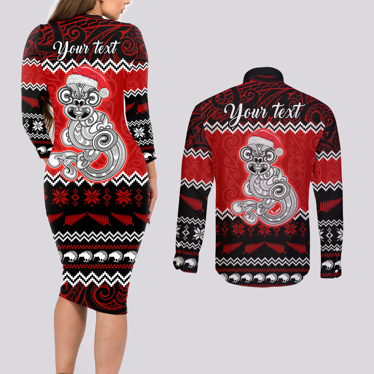 Personalised New Zealand Christmas Couples Matching Long Sleeve Bodycon Dress and Long Sleeve Button Shirt Maori Tiki Meri Kirihimete LT9 - Wonder Print Shop