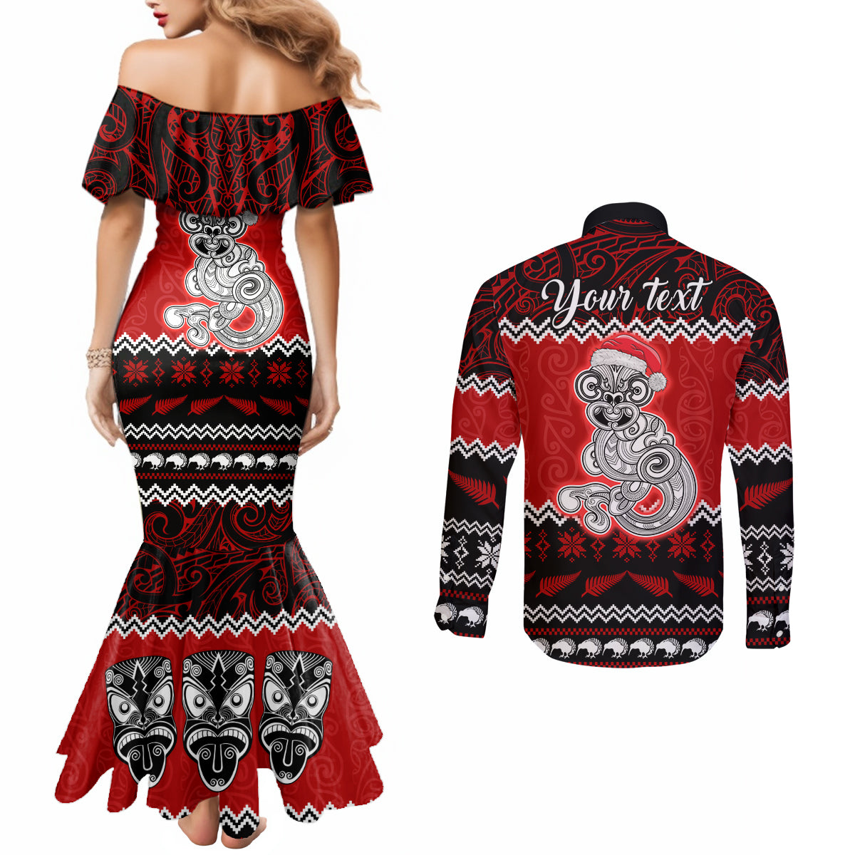 personalised-new-zealand-christmas-couples-matching-mermaid-dress-and-long-sleeve-button-shirt-maori-tiki-meri-kirihimete