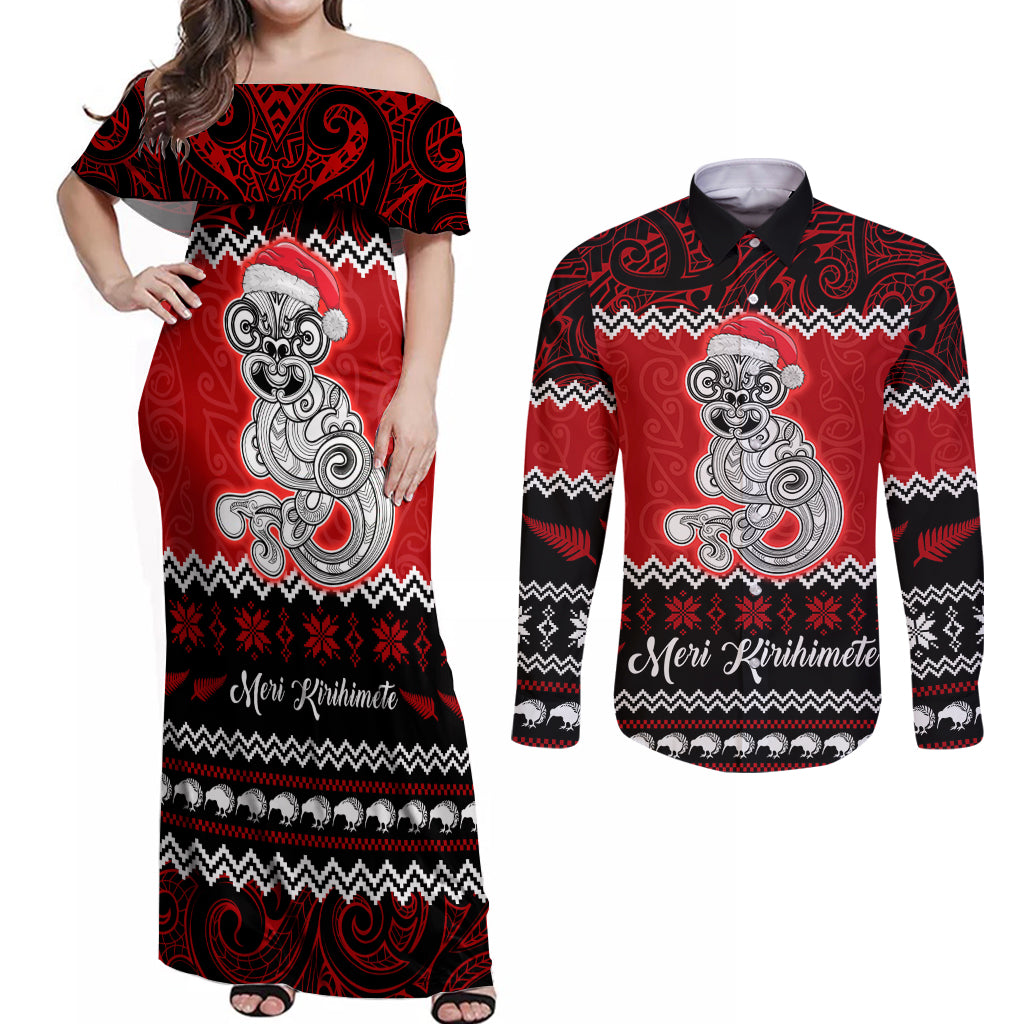 Personalised New Zealand Christmas Couples Matching Off Shoulder Maxi Dress and Long Sleeve Button Shirt Maori Tiki Meri Kirihimete LT9 - Wonder Print Shop