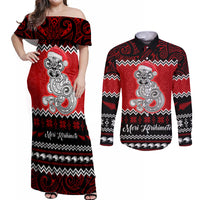 Personalised New Zealand Christmas Couples Matching Off Shoulder Maxi Dress and Long Sleeve Button Shirt Maori Tiki Meri Kirihimete LT9 - Wonder Print Shop