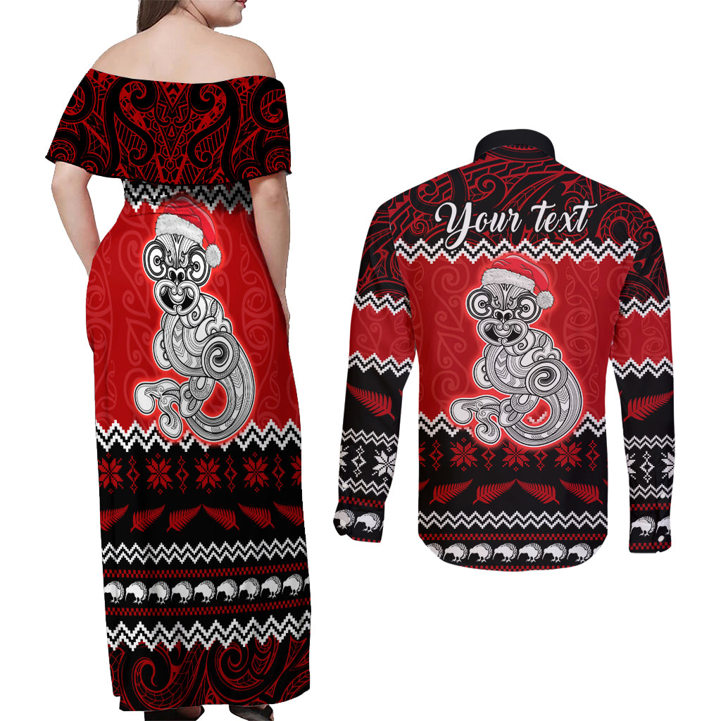 Personalised New Zealand Christmas Couples Matching Off Shoulder Maxi Dress and Long Sleeve Button Shirt Maori Tiki Meri Kirihimete LT9 - Wonder Print Shop