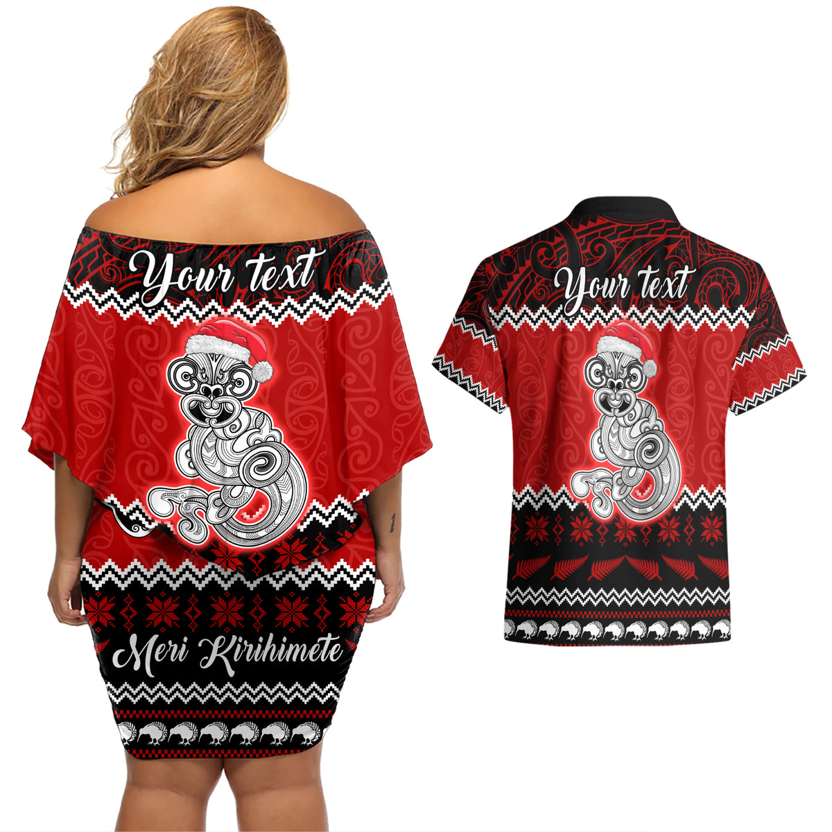 Personalised New Zealand Christmas Couples Matching Off Shoulder Short Dress and Hawaiian Shirt Maori Tiki Meri Kirihimete LT9 - Wonder Print Shop