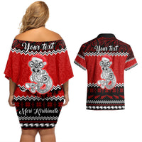 Personalised New Zealand Christmas Couples Matching Off Shoulder Short Dress and Hawaiian Shirt Maori Tiki Meri Kirihimete LT9 - Wonder Print Shop