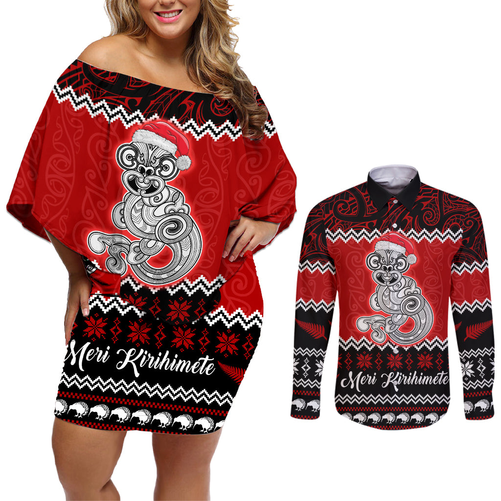 Personalised New Zealand Christmas Couples Matching Off Shoulder Short Dress and Long Sleeve Button Shirt Maori Tiki Meri Kirihimete LT9 - Wonder Print Shop