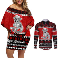 Personalised New Zealand Christmas Couples Matching Off Shoulder Short Dress and Long Sleeve Button Shirt Maori Tiki Meri Kirihimete LT9 - Wonder Print Shop