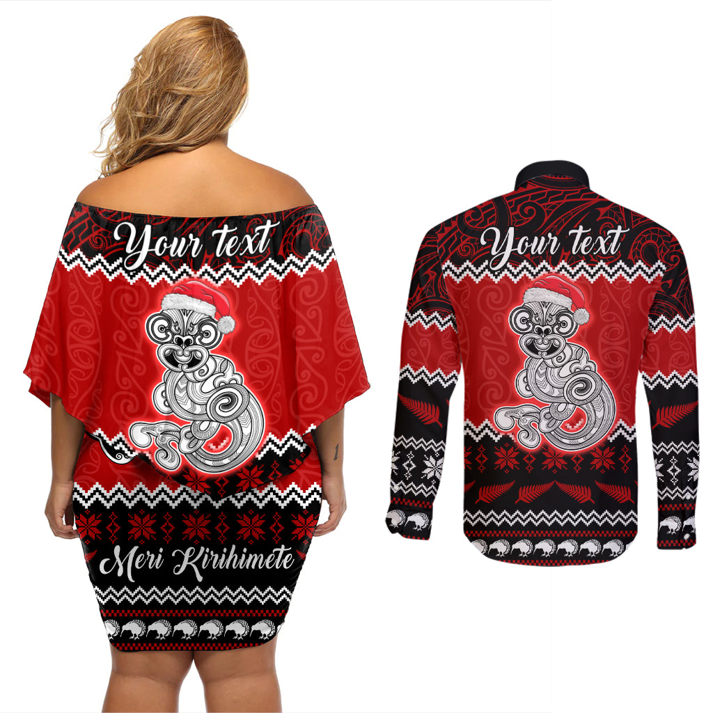 Personalised New Zealand Christmas Couples Matching Off Shoulder Short Dress and Long Sleeve Button Shirt Maori Tiki Meri Kirihimete LT9 - Wonder Print Shop