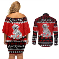 Personalised New Zealand Christmas Couples Matching Off Shoulder Short Dress and Long Sleeve Button Shirt Maori Tiki Meri Kirihimete LT9 - Wonder Print Shop