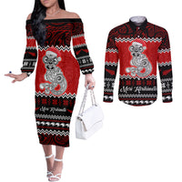 personalised-new-zealand-christmas-couples-matching-off-the-shoulder-long-sleeve-dress-and-long-sleeve-button-shirt-maori-tiki-meri-kirihimete