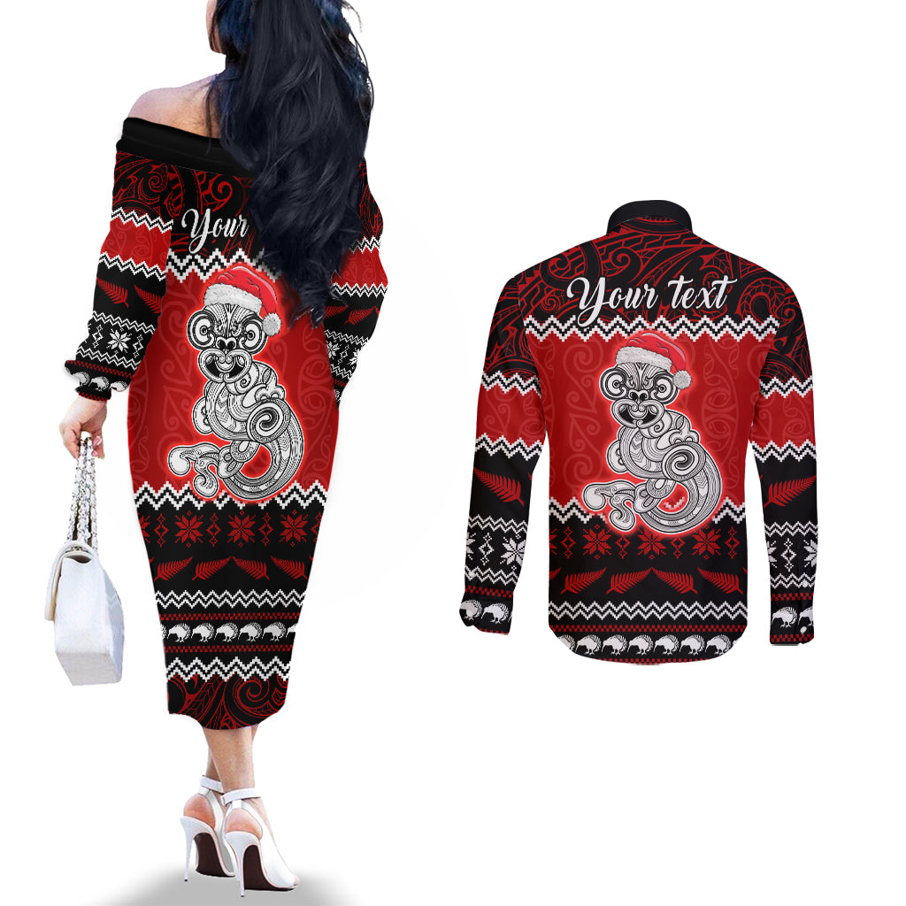 personalised-new-zealand-christmas-couples-matching-off-the-shoulder-long-sleeve-dress-and-long-sleeve-button-shirt-maori-tiki-meri-kirihimete