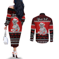personalised-new-zealand-christmas-couples-matching-off-the-shoulder-long-sleeve-dress-and-long-sleeve-button-shirt-maori-tiki-meri-kirihimete