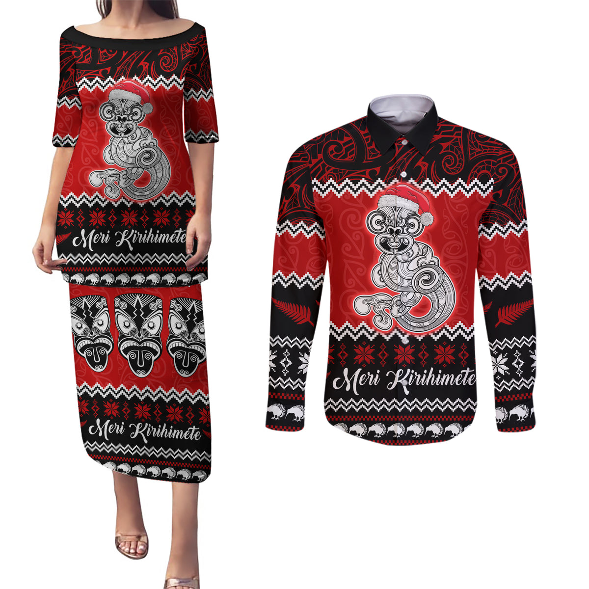 Personalised New Zealand Christmas Couples Matching Puletasi Dress and Long Sleeve Button Shirt Maori Tiki Meri Kirihimete LT9 - Wonder Print Shop