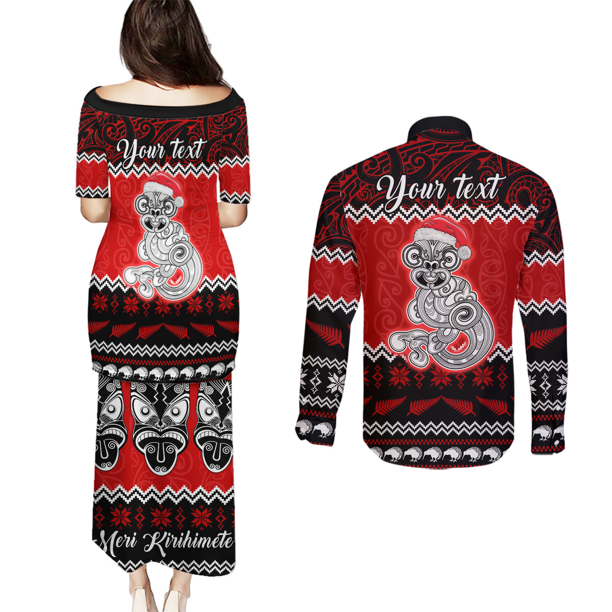 Personalised New Zealand Christmas Couples Matching Puletasi Dress and Long Sleeve Button Shirt Maori Tiki Meri Kirihimete LT9 - Wonder Print Shop