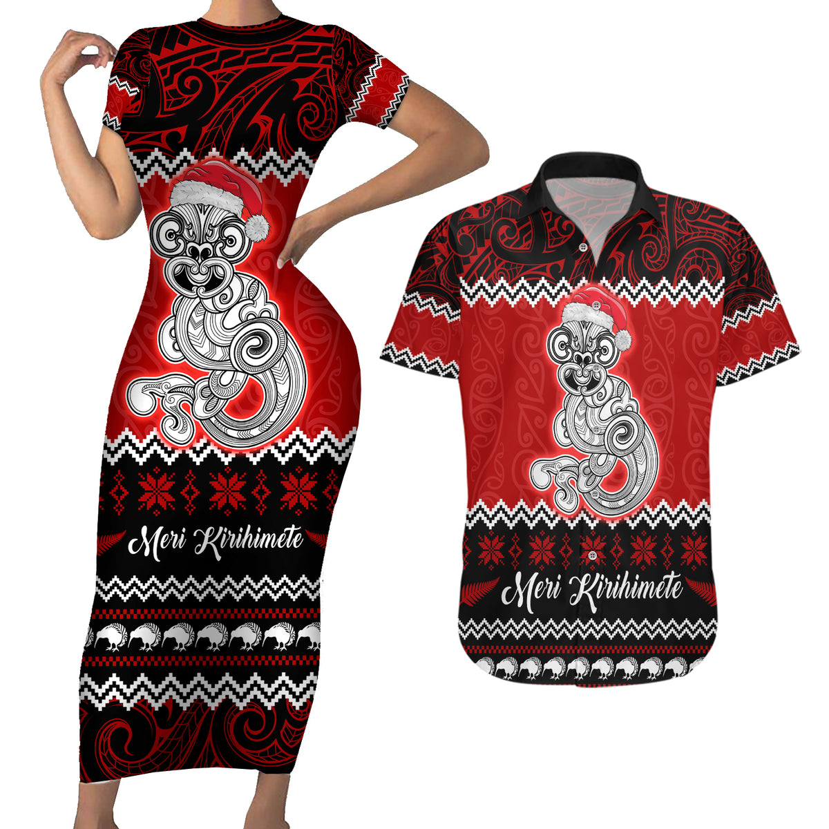 Personalised New Zealand Christmas Couples Matching Short Sleeve Bodycon Dress and Hawaiian Shirt Maori Tiki Meri Kirihimete LT9 - Wonder Print Shop
