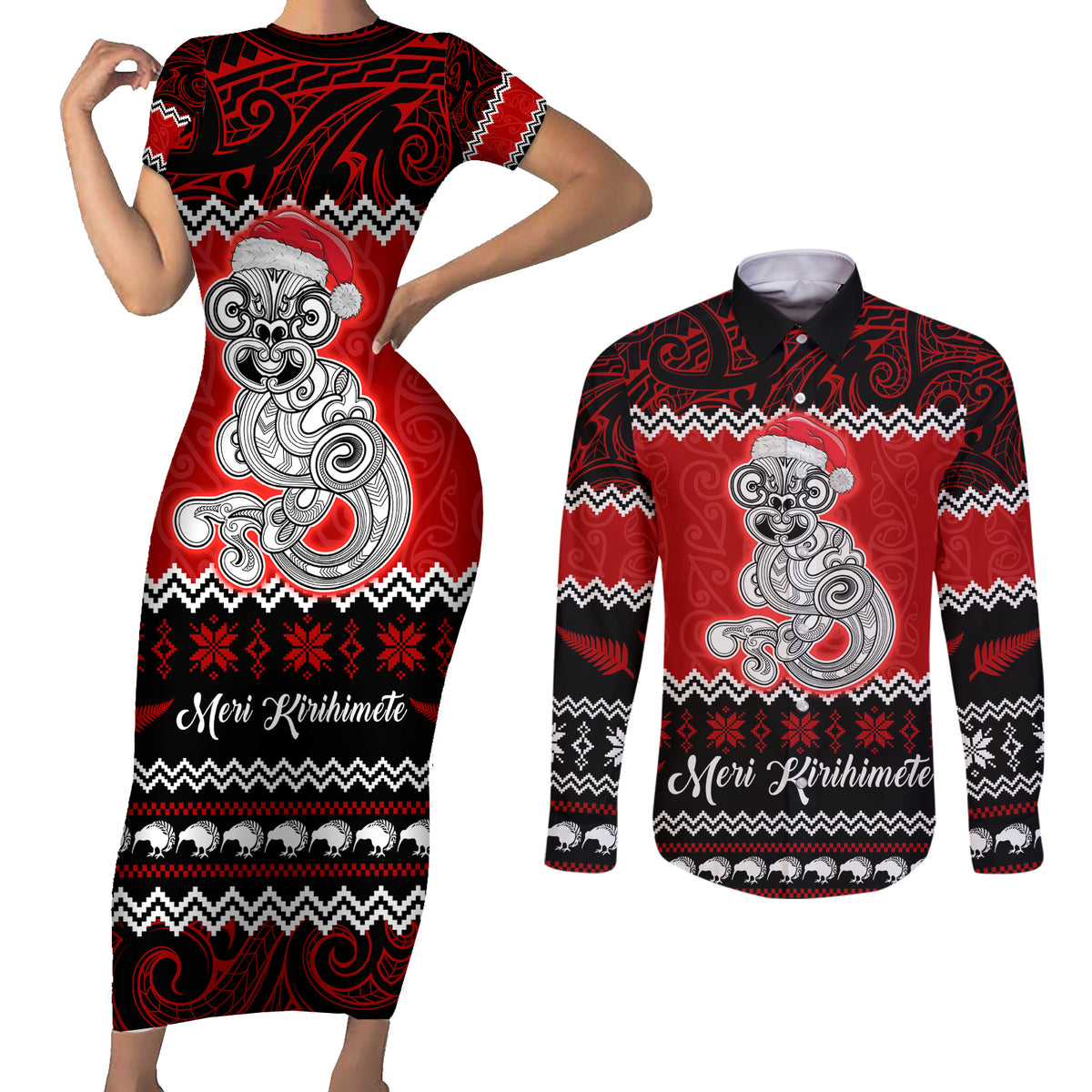 Personalised New Zealand Christmas Couples Matching Short Sleeve Bodycon Dress and Long Sleeve Button Shirt Maori Tiki Meri Kirihimete LT9 - Wonder Print Shop