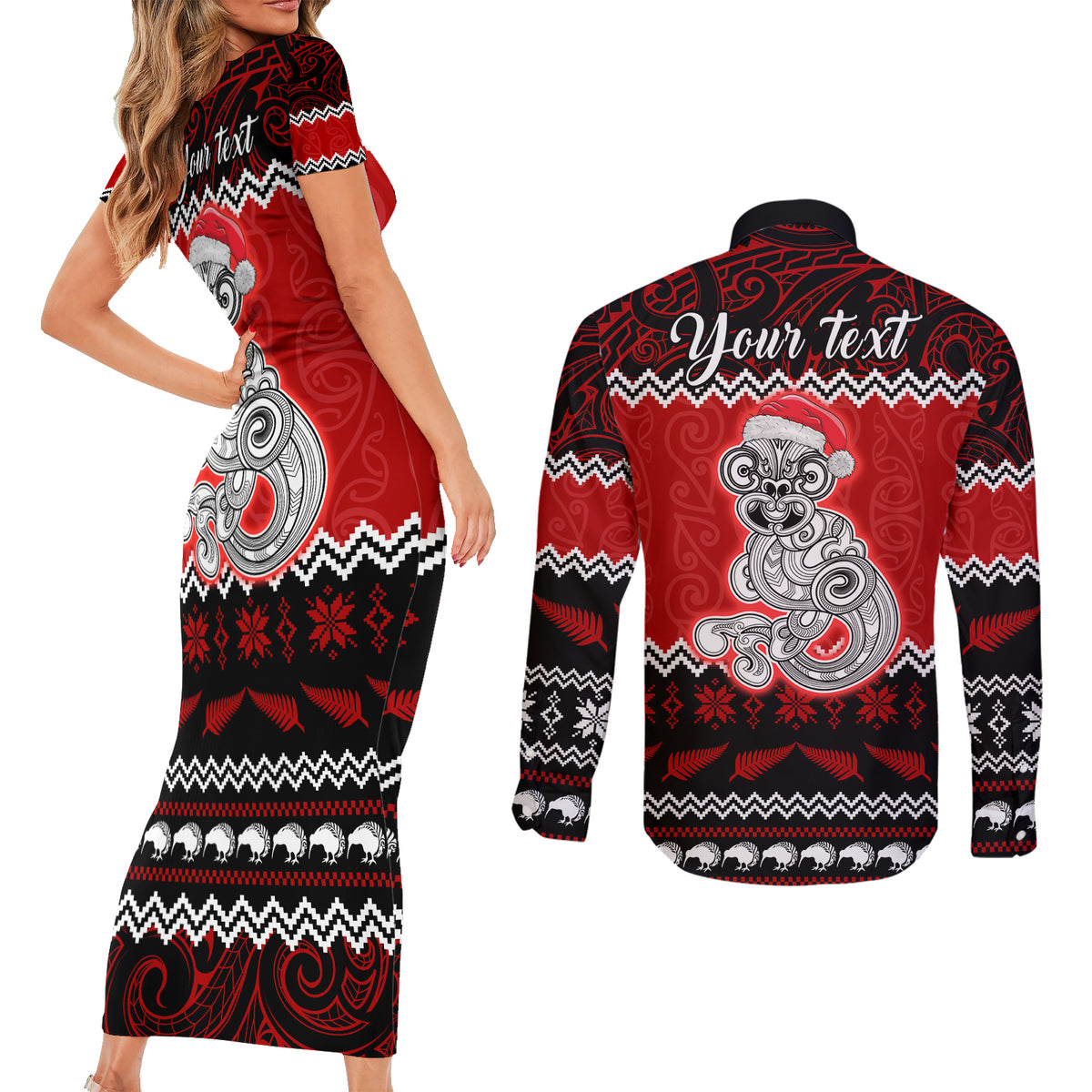 Personalised New Zealand Christmas Couples Matching Short Sleeve Bodycon Dress and Long Sleeve Button Shirt Maori Tiki Meri Kirihimete LT9 - Wonder Print Shop
