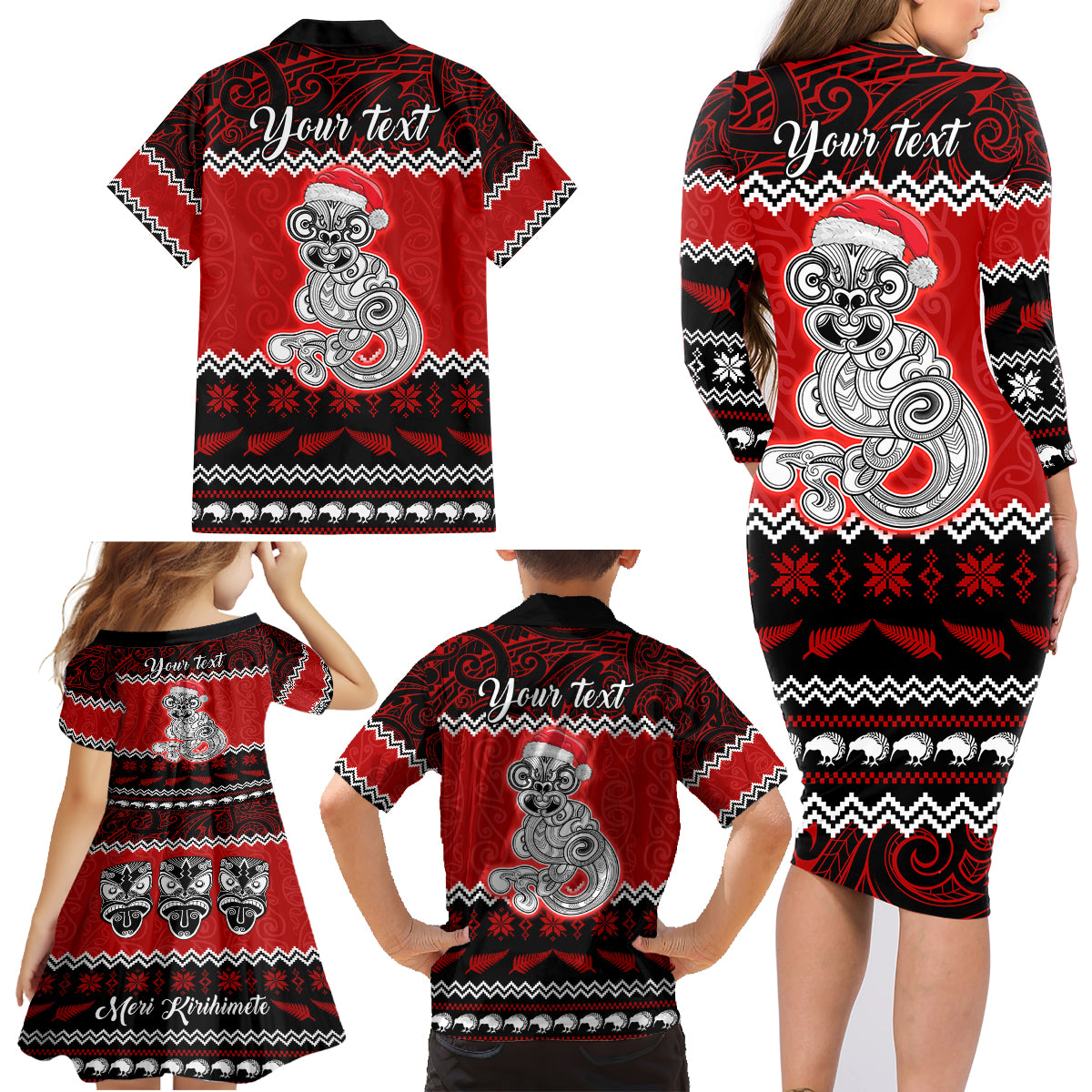 Personalised New Zealand Christmas Family Matching Long Sleeve Bodycon Dress and Hawaiian Shirt Maori Tiki Meri Kirihimete LT9 - Wonder Print Shop