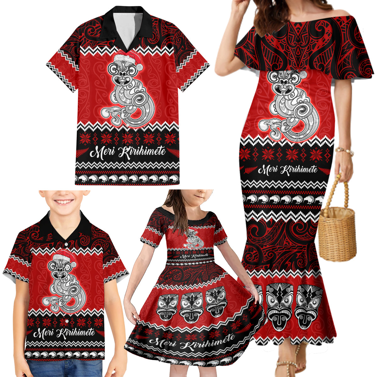 Personalised New Zealand Christmas Family Matching Mermaid Dress and Hawaiian Shirt Maori Tiki Meri Kirihimete LT9 - Wonder Print Shop