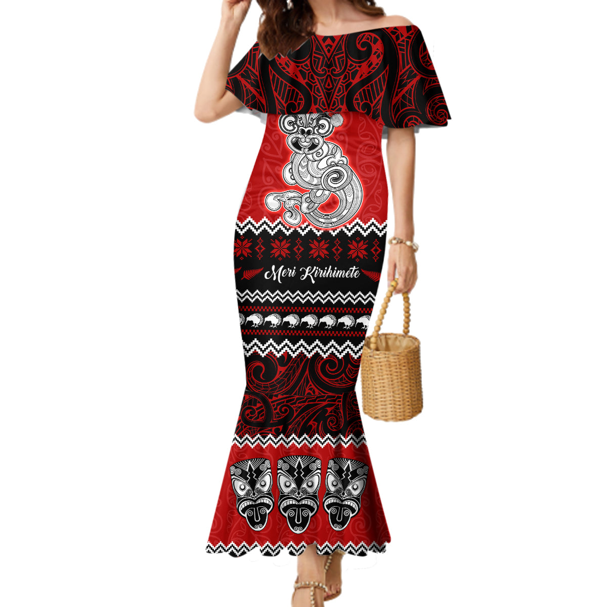 Personalised New Zealand Christmas Family Matching Mermaid Dress and Hawaiian Shirt Maori Tiki Meri Kirihimete LT9 - Wonder Print Shop