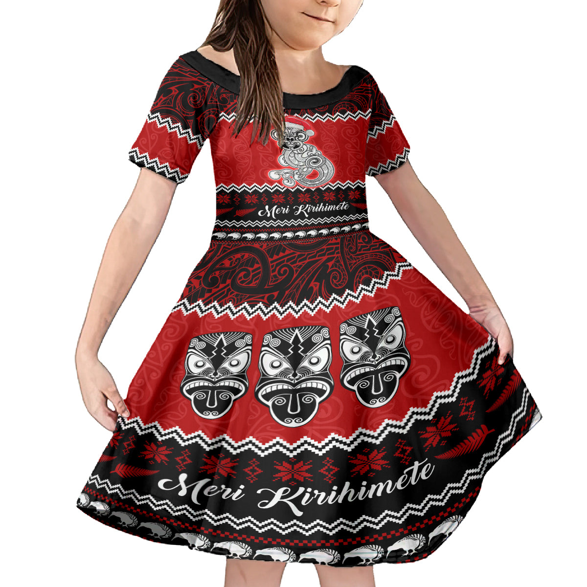 Personalised New Zealand Christmas Family Matching Off Shoulder Long Sleeve Dress and Hawaiian Shirt Maori Tiki Meri Kirihimete - Wonder Print Shop