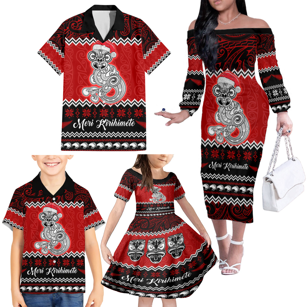 Personalised New Zealand Christmas Family Matching Off Shoulder Long Sleeve Dress and Hawaiian Shirt Maori Tiki Meri Kirihimete - Wonder Print Shop