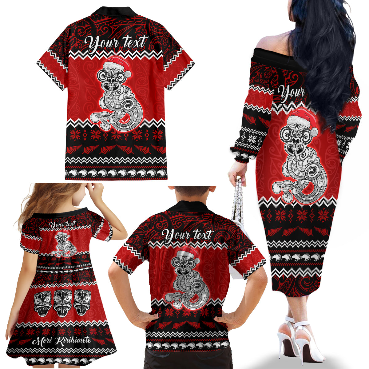 Personalised New Zealand Christmas Family Matching Off Shoulder Long Sleeve Dress and Hawaiian Shirt Maori Tiki Meri Kirihimete - Wonder Print Shop
