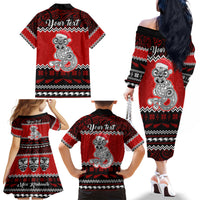 Personalised New Zealand Christmas Family Matching Off Shoulder Long Sleeve Dress and Hawaiian Shirt Maori Tiki Meri Kirihimete - Wonder Print Shop