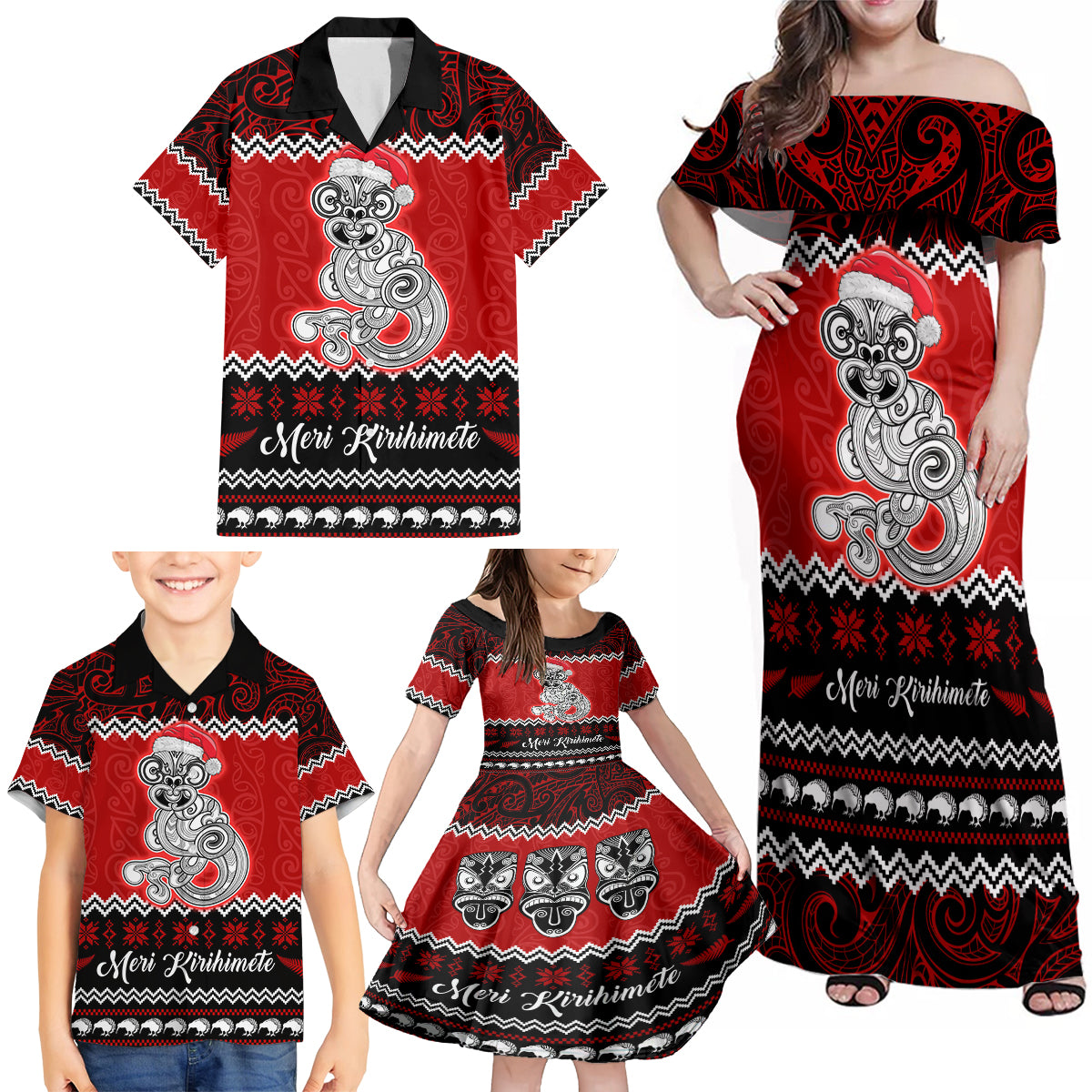 Personalised New Zealand Christmas Family Matching Off Shoulder Maxi Dress and Hawaiian Shirt Maori Tiki Meri Kirihimete LT9 - Wonder Print Shop