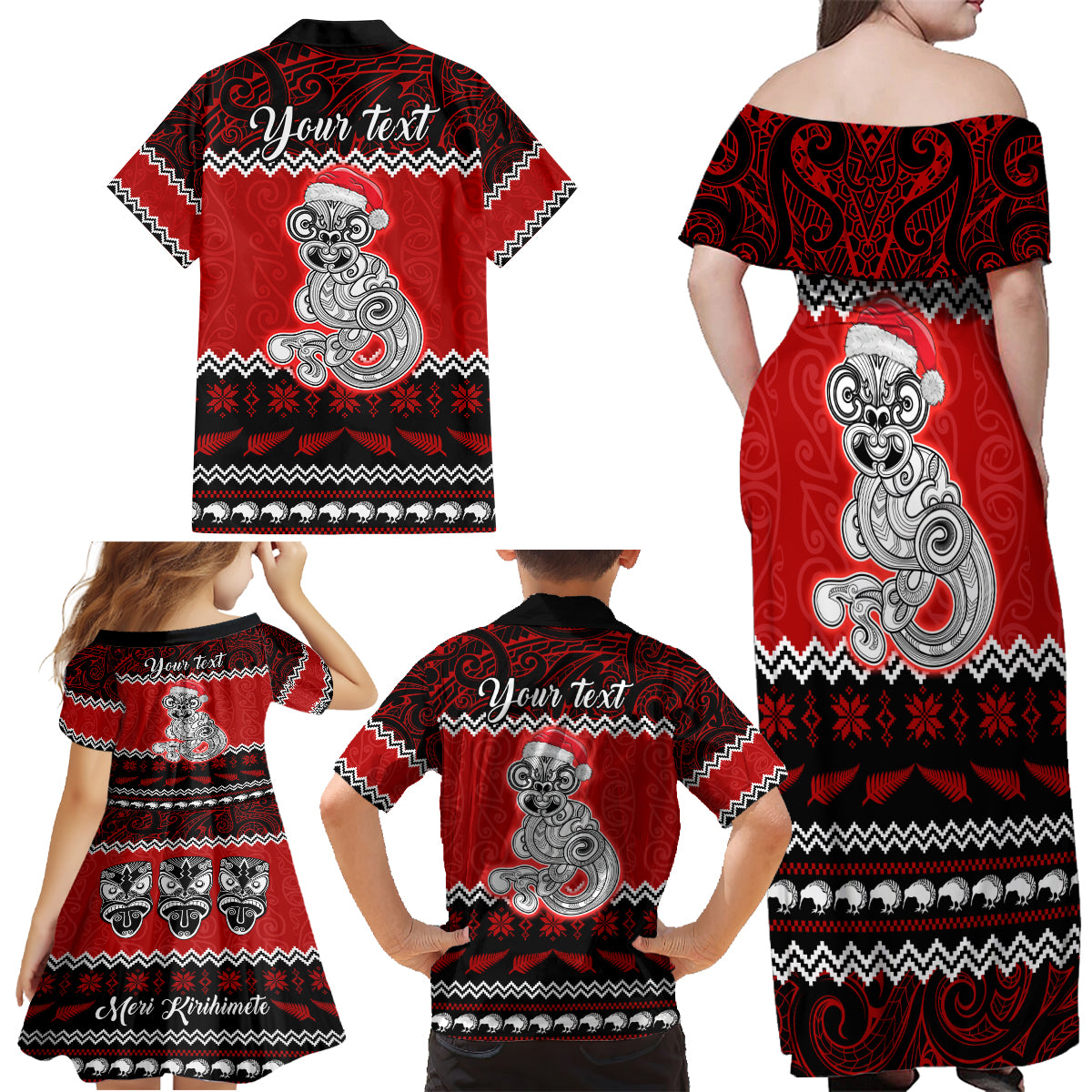 Personalised New Zealand Christmas Family Matching Off Shoulder Maxi Dress and Hawaiian Shirt Maori Tiki Meri Kirihimete LT9 - Wonder Print Shop
